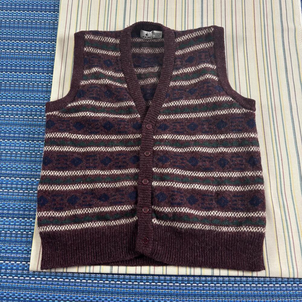 Vintage Jockey Sweater Vest Mens XL Red Burgundy Wool Fair Isle Knit Button